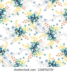 Small Flowers. Seamless Pattern with Cute Wildflowers. Girlie Natural Background in Country Style with Small Blossoms of Daisy Flowers. Vector Ditsy Pattern for Paper, Linen, Chintz. Floral Texture