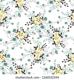 Small Flowers. Seamless Pattern with Cute Wildflowers. Girlie Natural Background in Rustic Style with Small Blossoms of Daisy Flowers. Vector Ditsy Pattern for Textile, Chintz. Floral Texture