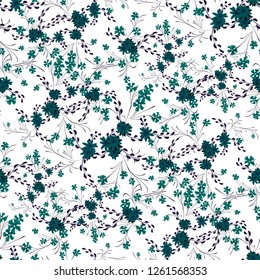 Small Flowers. Seamless Pattern with Cute Daisy Flowers and Pansies. Feminine Texture in Liberty Style for Curtains, Calico, Textile. Vector Spring Rapport.