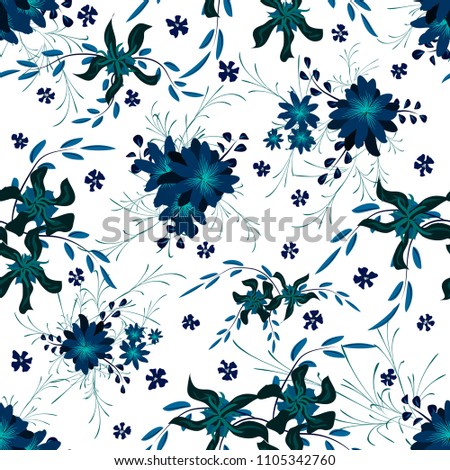 Small Flowers. Seamless Pattern with Cute Daisy Flowers and Pansies. Pretty Texture in Country Style for Curtains, Calico, Paper. Vector Spring Rapport.
