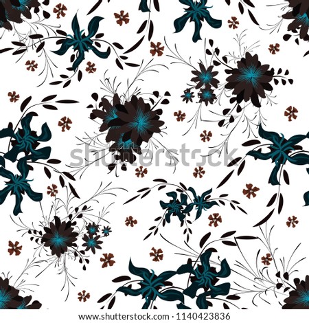 Small Flowers. Seamless Pattern with Cute Daisy Flowers and Pansies. Girlie Texture in Liberty Style for Curtains, Print, Textile. Vector Spring Rapport.