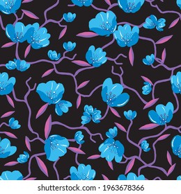 Small flowers seamless pattern. Drawn vintage floral branches, bouquets on black background. Blue wild meadow print. Drawn repetable texture, stamp, design