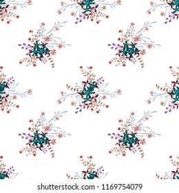 Small Flowers. Seamless Pattern with Gentle Wildflowers. Girlie Natural Background in Rustic Style with Small Blossoms of Daisy Flowers. Vector Ditsy Pattern for Fabric, Textile. Floral Texture
