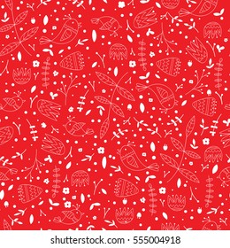  small flowers seamless pattern.  graphic print, The pattern of birds and flowers on a red background