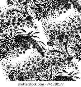 Small Flowers. Seamless Pattern Hand Drawn in Zentangle Style. Small-Scale Floral Background with Feminine Freehand Blossoms. Endless Texture for Calico, Print, Wallpaper. Black and White Vector