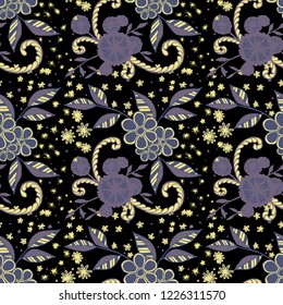 Small Flowers. Seamless Pattern in Liberty Style. Autumn Floral Texture with Hand Drawn Doodles. Small Natural Rapport for Chintz, Linen, Textile. Vector Seamless Background with Wild Flowers.