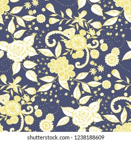 Small Flowers. Seamless Pattern in Liberty Style. Spring Floral Texture with Hand Drawn Doodle Blossoms, Leaves and Buds. Small Natural Rapport for Chintz, Linen, Textile. Vector.