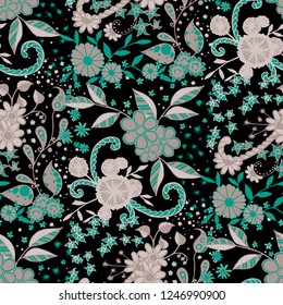 Small Flowers. Seamless Pattern in Liberty Style. Spring Floral Texture with Hand Drawn Doodle Blossoms, Leaves and Buds. Small Natural Rapport for Dress, Print, Paper. Vector Zentangle.