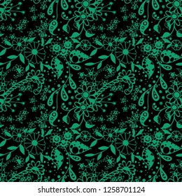 Small Flowers. Seamless Pattern in Liberty Style. Spring Floral Texture with Hand Drawn Doodle Blossoms, Leaves and Buds. Small Natural Rapport for Dress, Print, Cotton. Vector Zentangle.