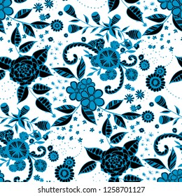 Small Flowers. Seamless Pattern in Liberty Style. Spring Floral Texture with Hand Drawn Doodle Blossoms, Leaves and Buds. Small Natural Rapport for Fabric, Linen, Textile. Vector.