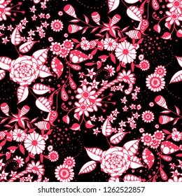 Small Flowers. Seamless Pattern in Liberty Style. Spring Floral Texture with Hand Drawn Doodle Blossoms, Leaves and Buds. Small Natural Rapport for Dress, Cloth, Paper. Vector.