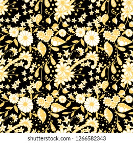 Small Flowers. Seamless Pattern in Liberty Style. Autumn Floral Texture with Hand Drawn Doodle Blossoms, Leaves and Buds. Small Natural Rapport for Dress, Print, Paper. Vector Zentangle.