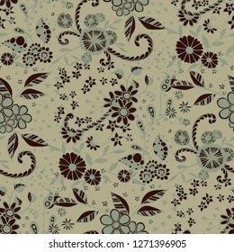 Small Flowers. Seamless Pattern in Liberty Style. Summer Floral Texture with Hand Drawn Doodle Blossoms, Leaves and Buds. Small Natural Rapport for Dress, Cloth, Paper. Vector Zentangle.