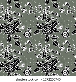 Small Flowers. Seamless Pattern in Liberty Style. Spring Floral Texture with Hand Drawn Doodle Blossoms, Leaves and Buds. Small Natural Rapport for Dress, Cloth, Paper. Vector.