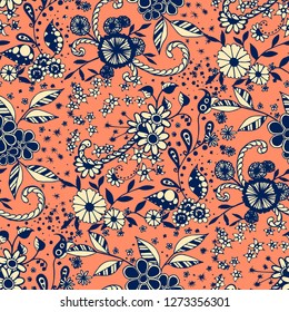 Small Flowers. Seamless Pattern in Liberty Style. Autumn Floral Texture with Hand Drawn Doodle Blossoms, Leaves and Buds. Small Natural Rapport for Fabric, Cloth, Textile. Vector Zentangle.
