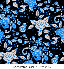 Small Flowers. Seamless Pattern in Liberty Style. Spring Floral Texture with Hand Drawn Doodle Blossoms, Leaves and Buds. Small Natural Rapport for Dress, Print, Paper. Vector.