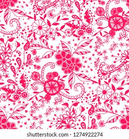 Small Flowers. Seamless Pattern in Liberty Style. Autumn Floral Texture with Hand Drawn Doodle Blossoms, Leaves and Buds. Small Natural Rapport for Fabric, Linen, Textile. Vector Zentangle.