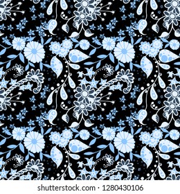 Small Flowers. Seamless Pattern in Liberty Style. Spring Floral Texture with Hand Drawn Doodle Blossoms, Leaves and Buds. Small Natural Rapport for Dress, Print, Cotton. Vector Zentangle.