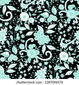 Small Flowers. Seamless Pattern in Liberty Style. Summer Floral Texture with Hand Drawn Doodle Blossoms, Leaves and Buds. Small Natural Rapport for Dress, Cloth, Paper. Vector Zentangle.