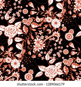 Small Flowers. Seamless Pattern in Liberty Style. Autumn Floral Texture with Hand Drawn Doodle Blossoms, Leaves and Buds. Small Natural Rapport for Fabric, Cloth, Textile. Vector.