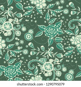 Small Flowers. Seamless Pattern in Liberty Style. Autumn Floral Texture with Hand Drawn Doodle Blossoms, Leaves and Buds. Small Natural Rapport for Fabric, Cloth, Textile. Vector.