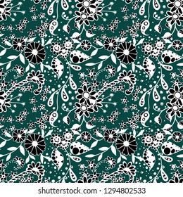 Small Flowers. Seamless Pattern in Liberty Style. Summer Floral Texture with Hand Drawn Doodle Blossoms, Leaves and Buds. Small Natural Rapport for Dress, Cloth, Paper. Vector Zentangle.