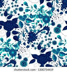 Small Flowers. Seamless Pattern in Liberty Style. Autumn Floral Texture with Hand Drawn Doodle Blossoms, Leaves and Buds. Small Natural Rapport for Fabric, Linen, Textile. Vector.