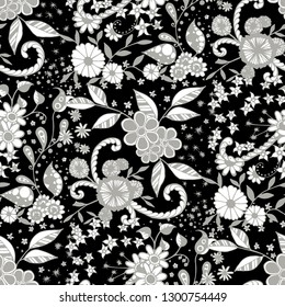 Small Flowers. Seamless Pattern in Liberty Style. Autumn Floral Texture with Hand Drawn Doodle Blossoms, Leaves and Buds. Small Natural Rapport for Chintz, Linen, Calico. Vector Zentangle.