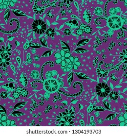 Small Flowers. Seamless Pattern in Liberty Style. Summer Floral Texture with Hand Drawn Doodle Blossoms, Leaves and Buds. Small Natural Rapport for Fabric, Linen, Textile. Vector Zentangle.