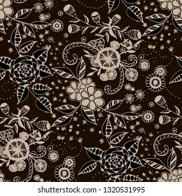Small Flowers. Seamless Pattern in Liberty Style. Summer Floral Texture with Hand Drawn Doodle Blossoms, Leaves and Buds. Small Natural Rapport for Dress, Cloth, Paper. Vector.