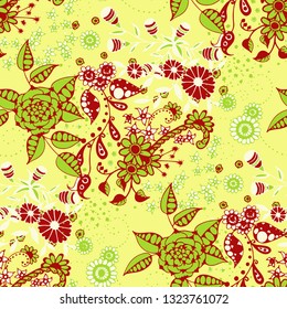 Small Flowers. Seamless Pattern in Liberty Style. Autumn Floral Texture with Hand Drawn Doodle Blossoms, Leaves and Buds. Small Natural Rapport for Print, Cotton, Calico. Vector.