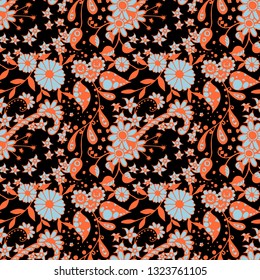 Small Flowers. Seamless Pattern in Liberty Style. Summer Floral Texture with Hand Drawn Doodle Blossoms, Leaves and Buds. Small Natural Rapport for Chintz, Cotton, Calico. Vector Zentangle.