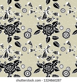 Small Flowers. Seamless Pattern in Liberty Style. Autumn Floral Texture with Hand Drawn Doodle Blossoms, Leaves and Buds. Small Natural Rapport for Dress, Cloth, Paper. Vector.