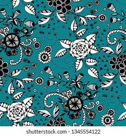 Small Flowers. Seamless Pattern in Liberty Style. Spring Floral Texture with Hand Drawn Doodle Blossoms, Leaves and Buds. Small Natural Rapport for Chintz, Linen, Calico. Vector.