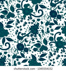 Small Flowers. Seamless Pattern in Liberty Style. Autumn Floral Texture with Hand Drawn Doodle Blossoms, Leaves and Buds. Small Natural Rapport for Chintz, Linen, Calico. Vector Zentangle.