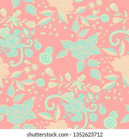 Small Flowers. Seamless Pattern in Liberty Style. Autumn Floral Texture with Hand Drawn Doodle Blossoms, Leaves and Buds. Small Natural Rapport for Dress, Print, Paper. Vector.