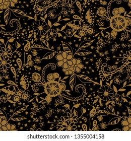 Small Flowers. Seamless Pattern in Liberty Style. Autumn Floral Texture with Hand Drawn Doodle Blossoms, Leaves and Buds. Small Natural Rapport for Dress, Print, Paper. Vector Zentangle.