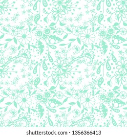 Small Flowers. Seamless Pattern in Liberty Style. Summer Floral Texture with Hand Drawn Doodle Blossoms, Leaves and Buds. Small Natural Rapport for Chintz, Linen, Textile. Vector Zentangle.
