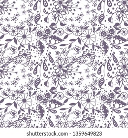 Small Flowers. Seamless Pattern in Liberty Style. Autumn Floral Texture with Hand Drawn Doodle Blossoms, Leaves and Buds. Small Natural Rapport for Dress, Print, Paper. Vector Zentangle.
