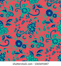 Small Flowers. Seamless Pattern in Liberty Style. Autumn Floral Texture with Hand Drawn Doodle Blossoms, Leaves and Buds. Small Natural Rapport for Dress, Print, Paper. Vector Zentangle.