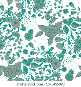 Small Flowers. Seamless Pattern in Liberty Style. Autumn Floral Texture with Hand Drawn Doodle Blossoms, Leaves and Buds. Small Natural Rapport for Chintz, Linen, Textile. Vector.