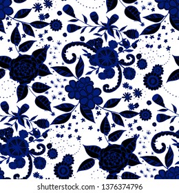 Small Flowers. Seamless Pattern in Liberty Style. Autumn Floral Texture with Hand Drawn Doodle Blossoms, Leaves and Buds. Small Natural Rapport for Chintz, Cotton, Calico. Vector.