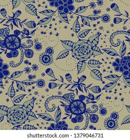 Small Flowers. Seamless Pattern in Liberty Style. Spring Floral Texture with Hand Drawn Doodle Blossoms, Leaves and Buds. Small Natural Rapport for Chintz, Cotton, Calico. Vector.