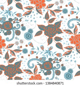 Small Flowers. Seamless Pattern in Liberty Style. Summer Floral Texture with Hand Drawn Doodle Blossoms, Leaves and Buds. Small Natural Rapport for Dress, Cloth, Paper. Vector.