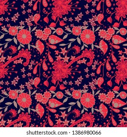 Small Flowers. Seamless Pattern in Liberty Style. Spring Floral Texture with Hand Drawn Doodle Blossoms, Leaves and Buds. Small Natural Rapport for Fabric, Cloth, Textile. Vector Zentangle.