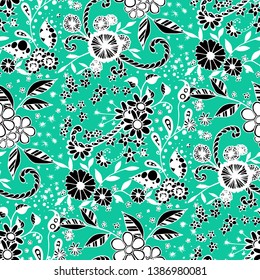 Small Flowers. Seamless Pattern in Liberty Style. Summer Floral Texture with Hand Drawn Doodle Blossoms, Leaves and Buds. Small Natural Rapport for Fabric, Cloth, Textile. Vector Zentangle.