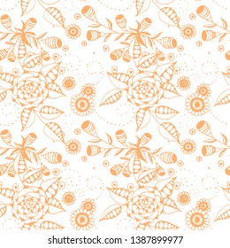 Small Flowers. Seamless Pattern in Liberty Style. Summer Floral Texture with Hand Drawn Doodle Blossoms, Leaves and Buds. Small Natural Rapport for Dress, Print, Cotton. Vector.