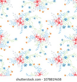 Small Flowers. Seamless Pattern with Pretty Wildflowers. Girlie Natural Background in Rustic Style with Small Blossoms of Daisy Flowers. Vector Ditsy Pattern for Paper, Linen, Chintz. Floral Texture