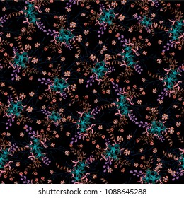 Small Flowers. Seamless Pattern with Pretty Wildflowers. Girlie Natural Background in Rustic Style with Small Blossoms of Daisy Flowers. Vector Ditsy Pattern for Textile, Chintz. Floral Texture