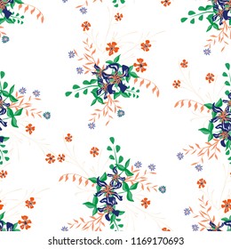 Small Flowers. Seamless Pattern with Pretty Wildflowers. Girlie Natural Background in Liberty Style with Small Blossoms of Daisy Flowers. Vector Ditsy Pattern for Fabric, Print. Floral Texture